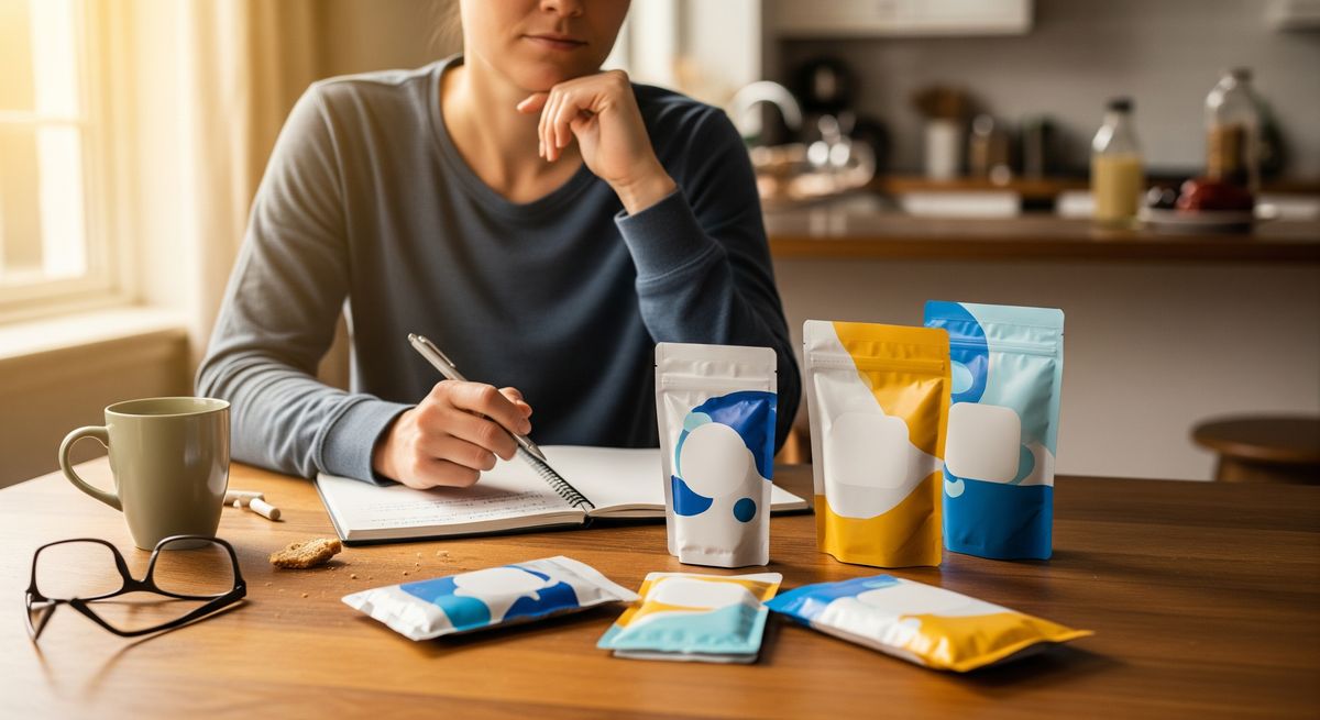 personne lisant une etiquette de complement liquide